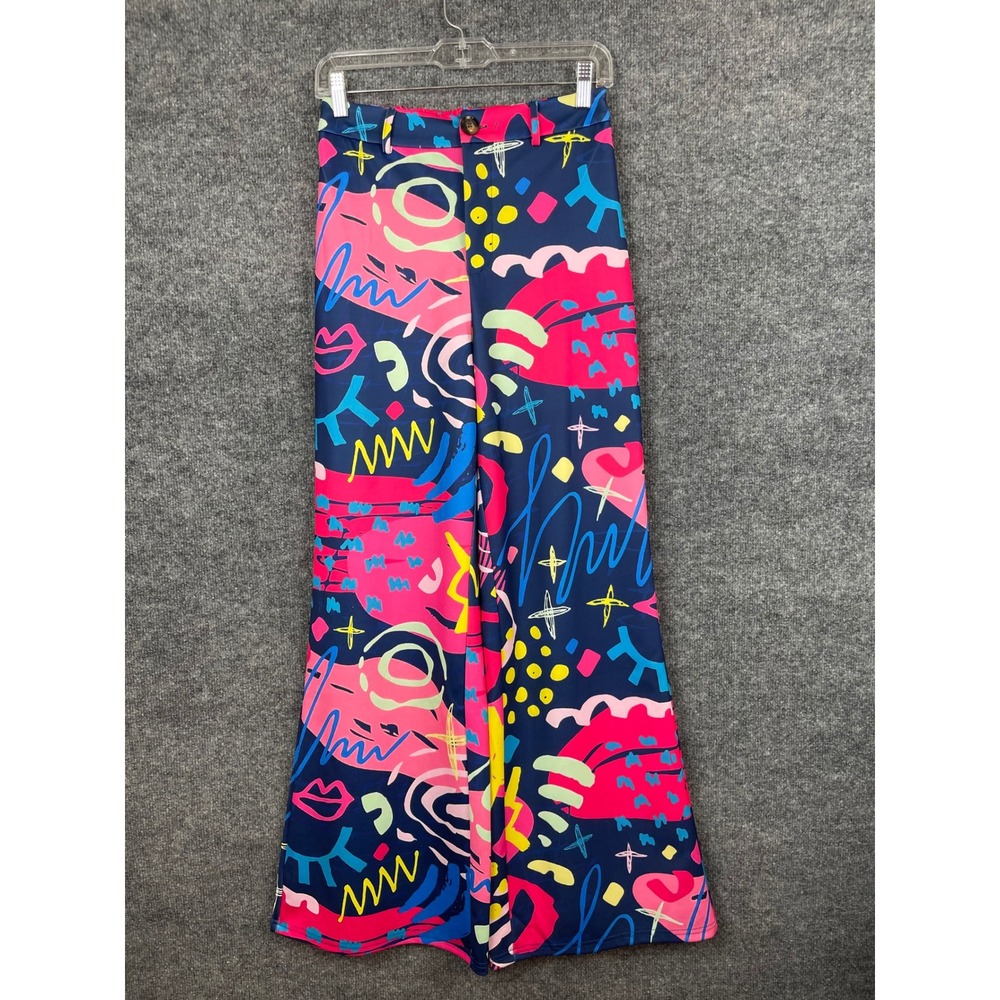 Denim& Love Abstract Graffiti Wide Leg Pants Women's M Navy Pink Retro - Picture 1 of 12